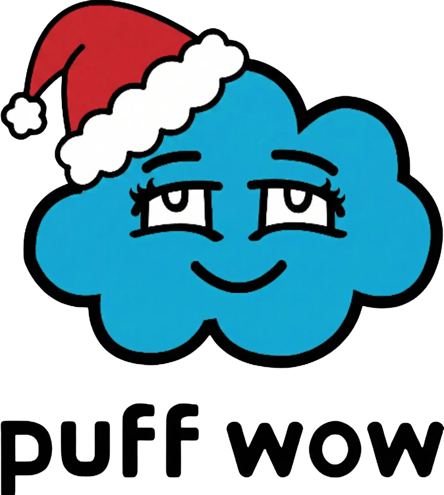 Puff Wow logo featuring a smiling blue cloud wearing a Santa hat, representing the cannabis retailer's festive branding.