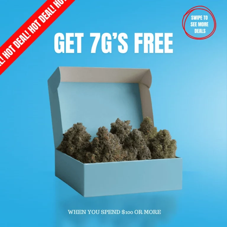 Winnipeg Weed Delivery 94 Get 7 grams of cannabis free with purchase of $100 or more, promotional packaging against a blue background.