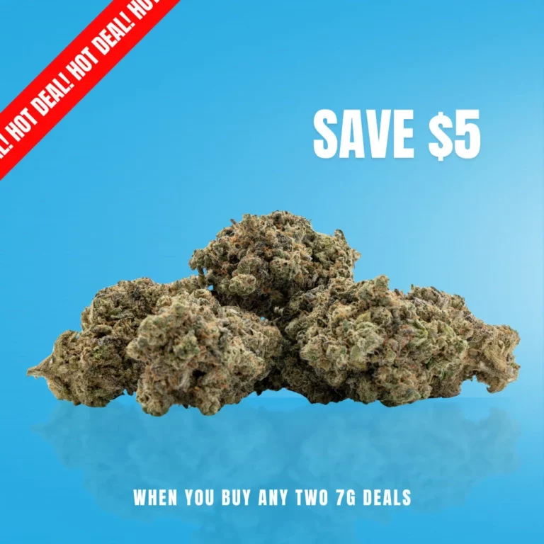 Winnipeg Weed Delivery 95 Close-up of cannabis buds with promotional text "SAVE $5" and "WHEN YOU BUY ANY TWO 7G DEALS," highlighting special offers for cannabis products from Puff Wow's delivery service in Winnipeg.