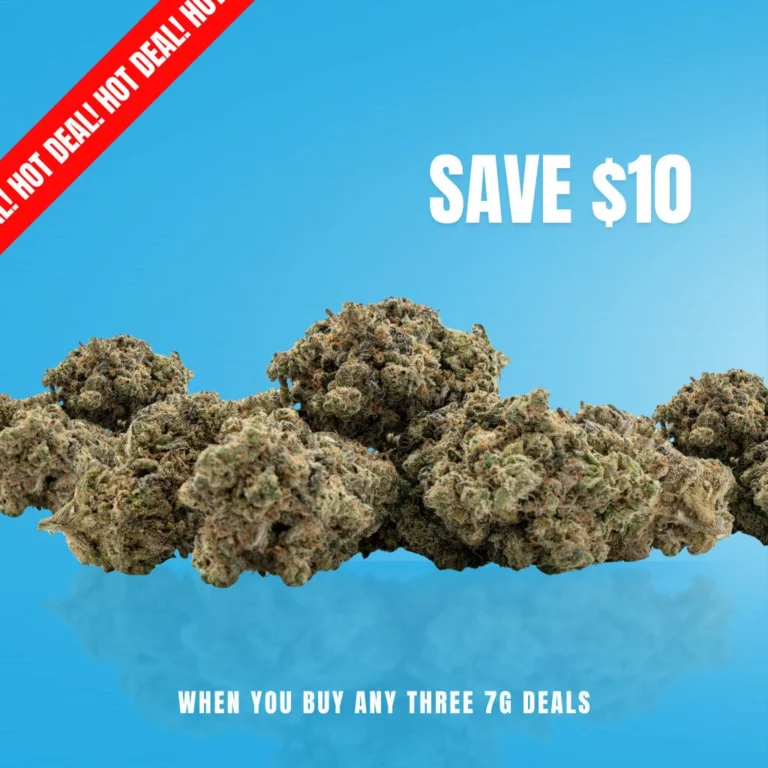 Winnipeg Weed Delivery 96 Cannabis buds with promotional text "SAVE $10" and "WHEN YOU BUY ANY THREE 7G DEALS" against a blue background, highlighting special offer for cannabis products.