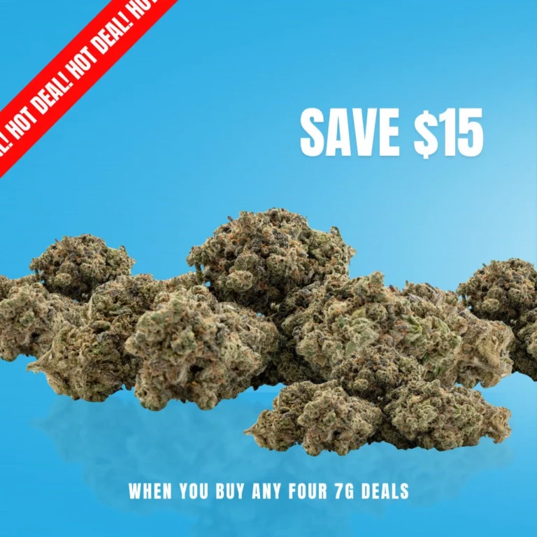 Winnipeg Weed Delivery 97 Cannabis buds with promotional text "SAVE $15" and "WHEN YOU BUY ANY FOUR 7G DEALS," highlighting a special offer for cannabis products.