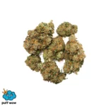 Larry OG cannabis buds, showcasing green and orange hues, with Puff Wow logo in the corner, representing the Larry OG product category on the e-commerce site.