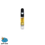 Vape cartridge featuring golden liquid, branded with Puff Wow logo, highlighting vaping product category.