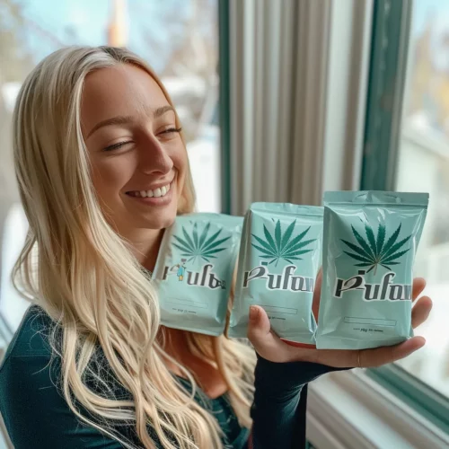 Winnipeg Weed Delivery 166 Blonde woman smiling and holding three cannabis product packages from Puff Wow, featuring green leaf designs, in a bright indoor setting.
